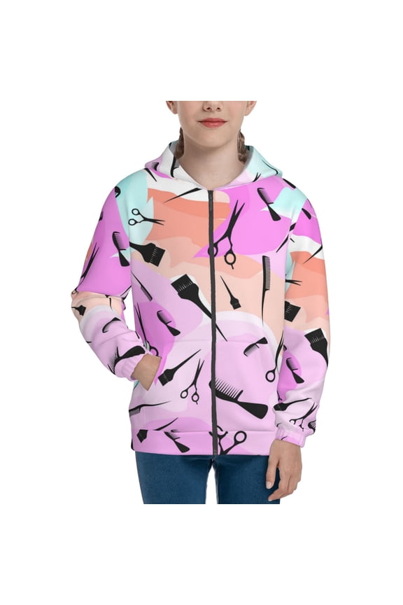 Kids Full Zip Pullover Hoodies Boys Girls Sweatshirts Jacket, Watercolor Barbershop Barber Haircut
