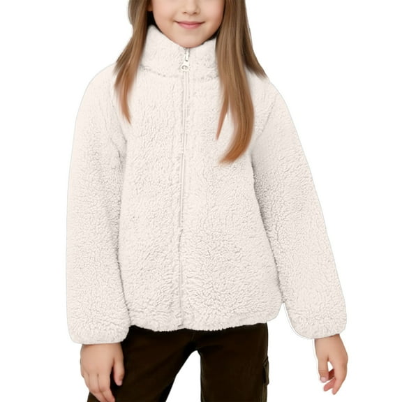Kids Full Zip Stand Collar Sherpa Fleece Jacket Long Sleeve Soft Plush Outerwear for Children Girls Boys Winter Wear Style #C019 White 110