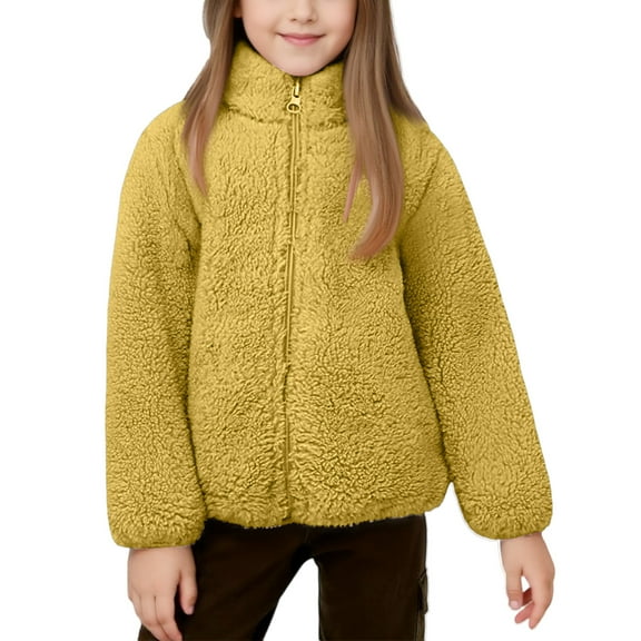Kids Full Zip Stand Collar Sherpa Fleece Jacket Long Sleeve Soft Plush Outerwear for Children Girls Boys Winter Wear Style #E020 Yellow 110