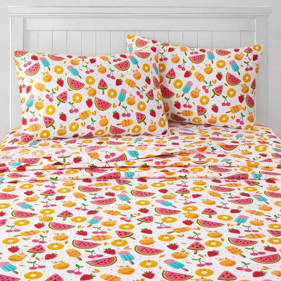 Kids Fun & Bright Printed Microfiber Sheet Sets, Ultra Soft Fitted Sheets with Straps - Fruity Fun, Full Size