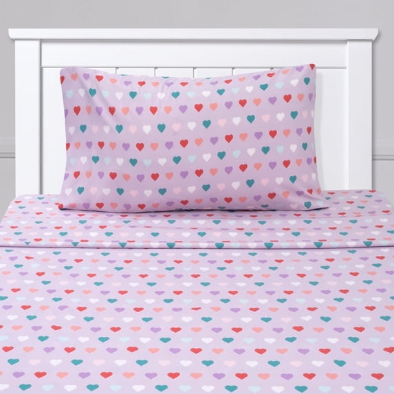 Kids Fun & Bright Printed Microfiber Sheet Sets, Ultra Soft Fitted Sheets with Straps - Hearts, Twin Size