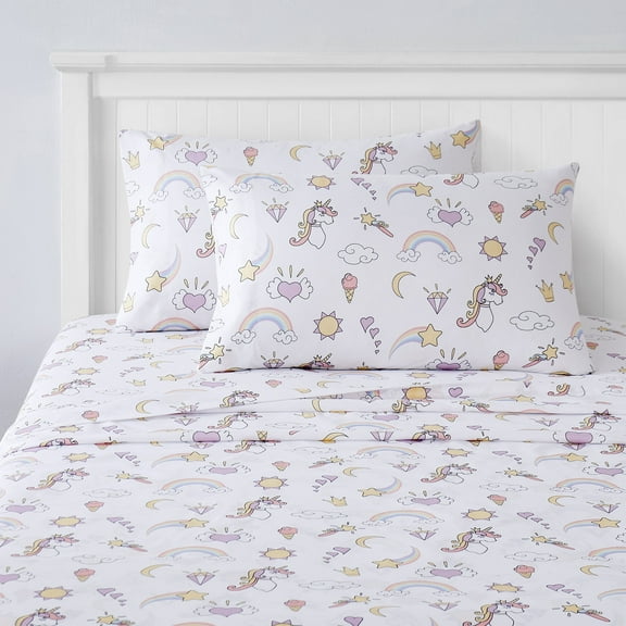 Kids Fun & Bright Printed Microfiber Sheet Sets, Ultra Soft Fitted Sheets with Straps - Magical Unicorns, Full Size