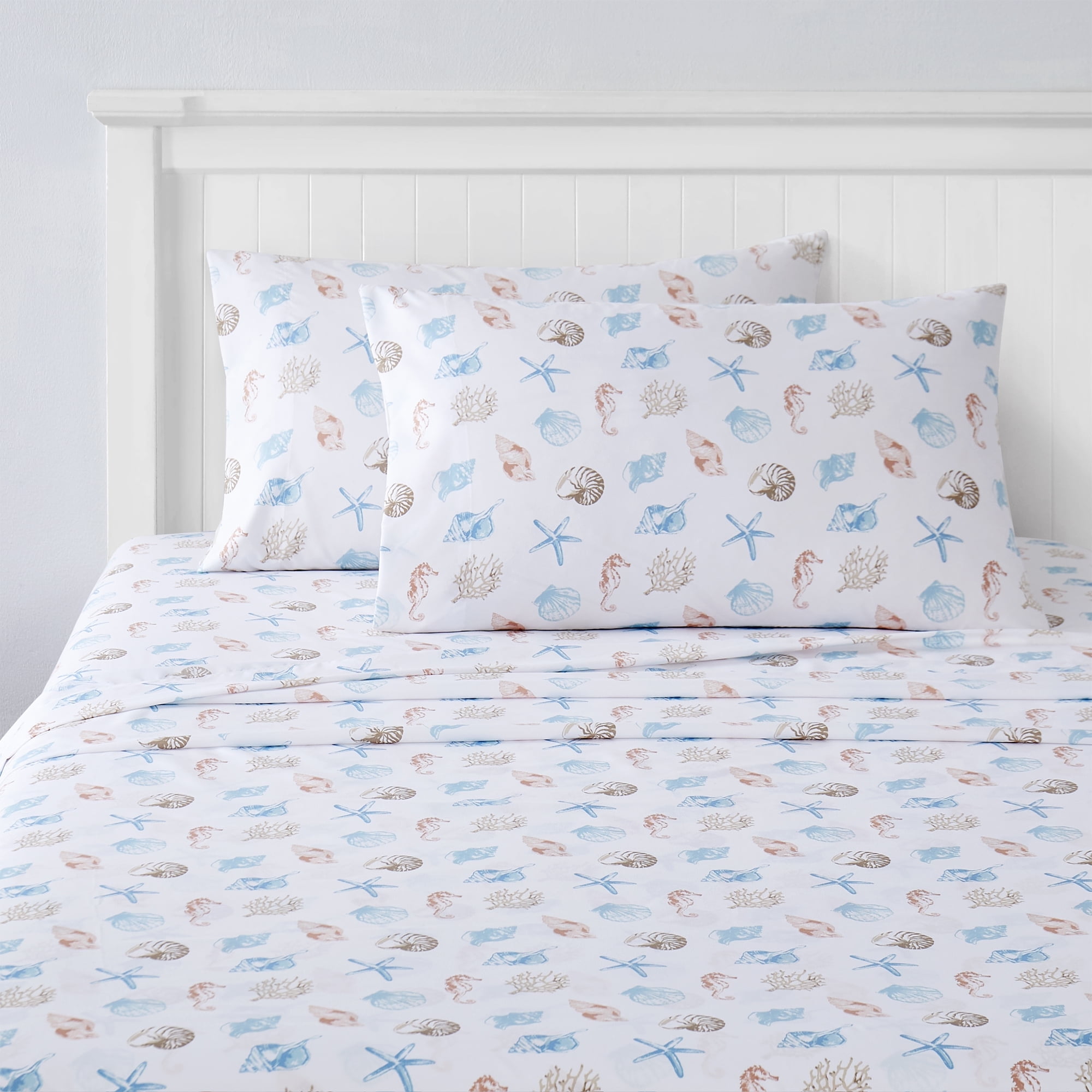 Full Size White Microfiber Kids Ocean Print Sheet Set