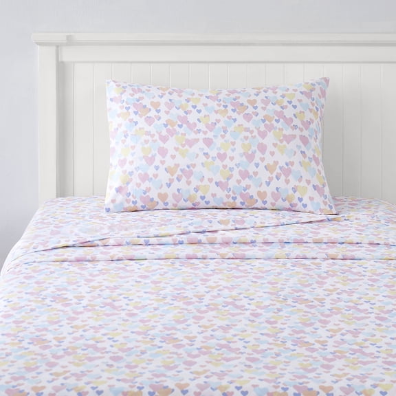 Kids Fun & Bright Printed Microfiber Sheet Sets, Ultra Soft Fitted Sheets with Straps - Vintage Hearts, Twin XL Size