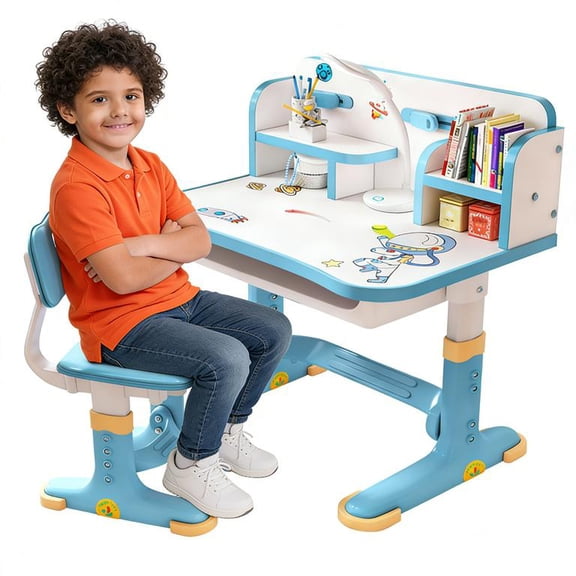 Kids Functional Desk and Chair Set,Ergonomic Height Adjustable Children School Study Desk with Large Desktop,Book Stand,Bookself,Metal Hook and Storage Drawer for Boys Girls Christmas Birthday Gifts