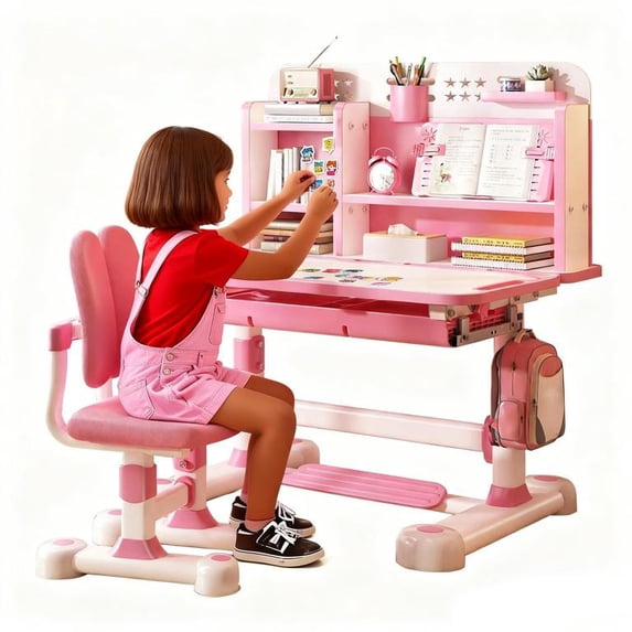 Kids Functional Desk and Chair Set, Ergonomic Height Adjustable Children School Study Desk with Tilt Desktop, Book Stand, Bookshelf, Metal Hook and Storage Drawer for Boys Girls 3-18 Years Old