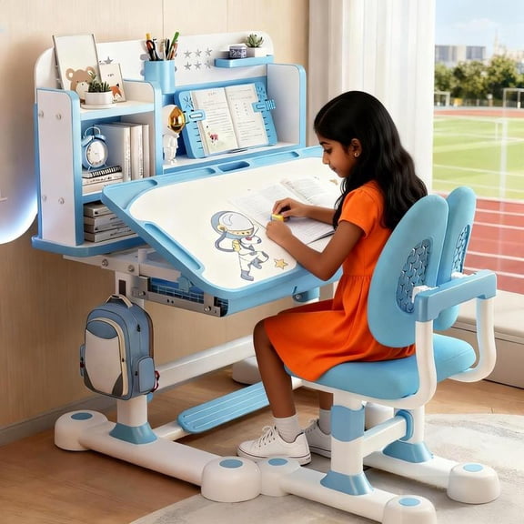 Kids Functional Desk and Chair Set, Ergonomic Height Adjustable Children School Study Desk with Tilt Desktop, Book Stand, Bookshelf, Metal Hook and Storage Drawer for Boys Girls 3-18 Years Old