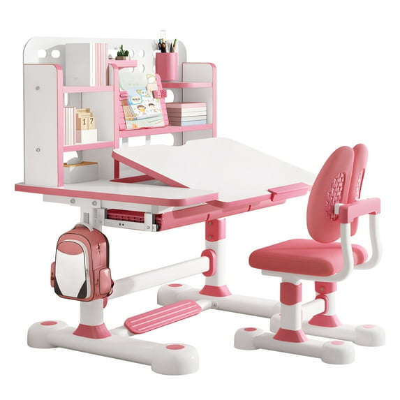 Kids Functional Desk and Chair Set, Ergonomic Height Adjustable Children School Study Desk with Tilt Desktop, Book Stand, Metal Hook and Storage Drawer for Boys Girls