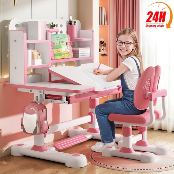 Baellsa Kids Functional Desk Chair Set, Height Adjustable Child Study Desk with Castle Backboard, Widened Desktop, Bookstand and Storage Drawer (Pink)