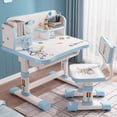 thumbnail image 1 of Kids Functional Desk and Chair Set, Height Adjustable Children School Study Table Chair Set with Cartoon Pattern, Ergonomic Desk Chair with Large Writing Board, Bookshelf and Book Bucket (Blue #5), 1 of 6