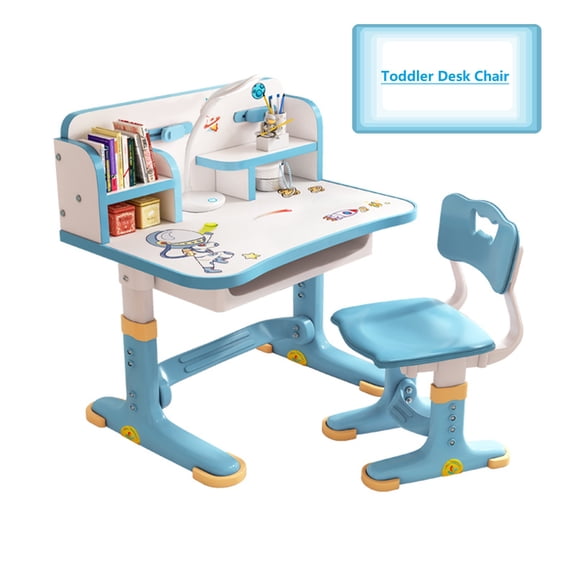 Kids Functional Desk and Chair Set, Height Adjustable Children School Study Table Chair Set, Ergonomic Desk Chair with Large Writing Board, Bookshelf(Blue)