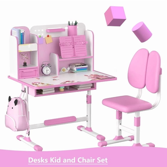Kids Functional Study Desk and Chair Set, Height Adjustable Children School Study Table Chair Set with Sitting Corrector, Foot Pedal Partition Design (Pink)