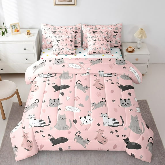 Funny Cat Bedding Comforter Sets 7pcs Cute Kawaii Kitten Bed in a Bag , Love Heart Print Full Bedding Sets Cat Paws Comforter Set, Animal Pet Lovers Bedding Sets & Collections