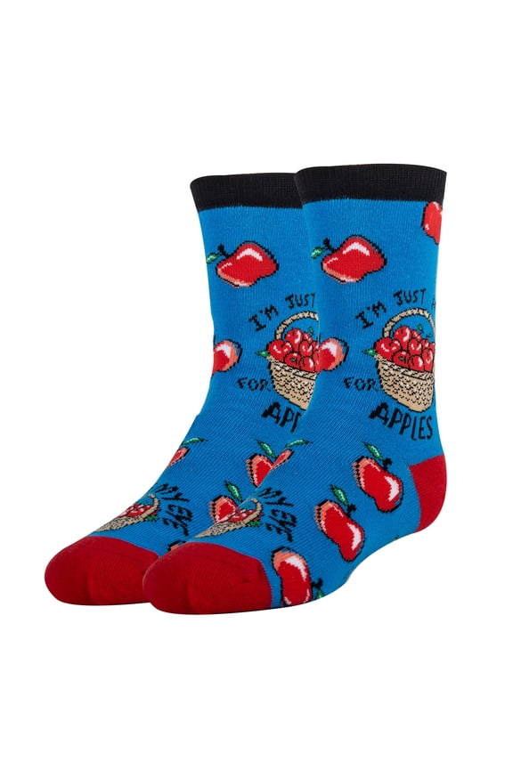 Kids Funny Crazy Silly Crew Socks, Novelty Cotton Dress Socks for Boys & Girls, Apple of my Eye, Size 1-5