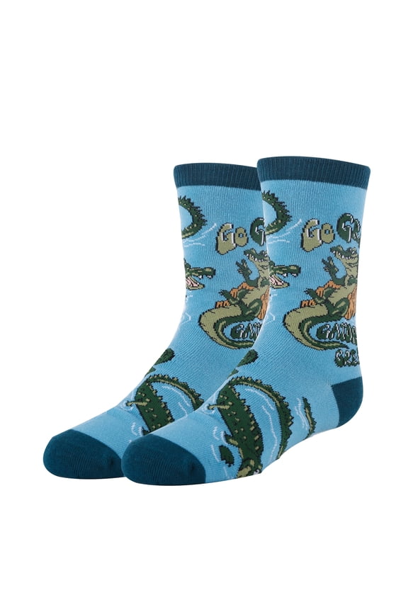 Kids Funny Alligator Crazy Silly Crew Socks, Novelty Cotton Socks for Boys & Girls, Go Green, Size 1-5