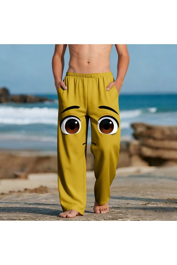 Kids Funny Emoji Pants for Boys - Beach Sweatpants Elastic Waist, Soft Pjs Pants Yellow Casual Playwear Sizes 3-12 Years,Size 11 T