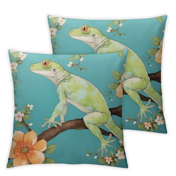 Kids Funny Lizard Pillow Cover for Adult Teens,Teal Blue Chameleon Throw Pillow Cover,Spring Floral Branch Cushion Cover,Cute Safari Animal Decorative Accent Pillow Case
