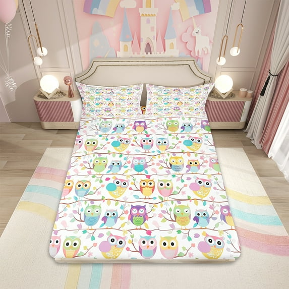 Kids Funny Owl Twin Size Sheet Sets Cute Bird Sheets for Boys Girls,Cartoon Animal Bedding Botanical Branches Leaves Bed Sheets Set,Colorful Wildlife Fitted Sheet