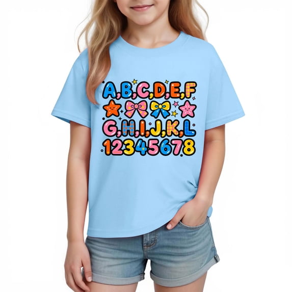 Kids Funny T-Shirts Short Sleeve Back To School Printed Graphic Tee Shirts Boys Girls Crewneck Tops (7 Years, Blue #B)