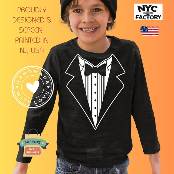 Kids Funny Tuxedo Long Sleeve T-Shirt Black, Bowtie & Buttons, Youth Small