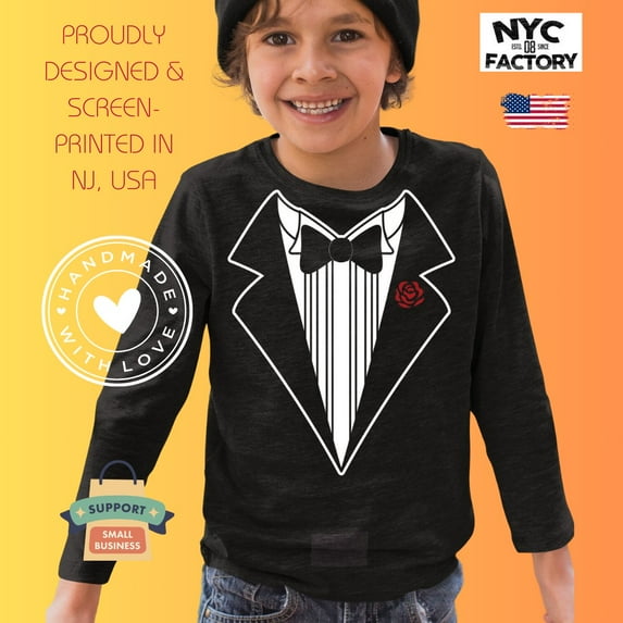 Kids Funny Tuxedo Long Sleeve T-Shirt Black, Rose, Youth Small
