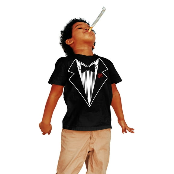 Kids Funny Tuxedo T-Shirt Black W Red Rose, Kids, Large