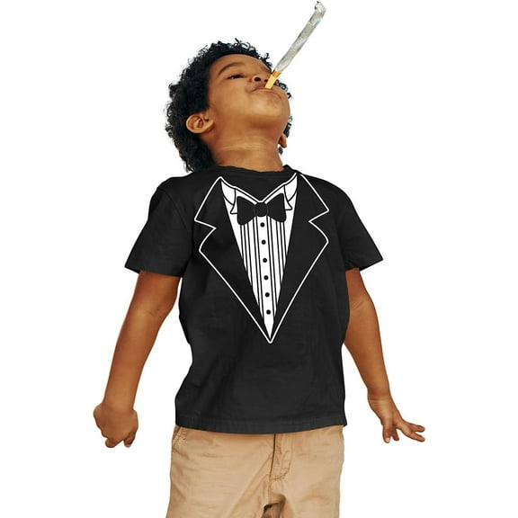 Kids Funny Tuxedo T-Shirt Bowtie & Button Black/White, XS