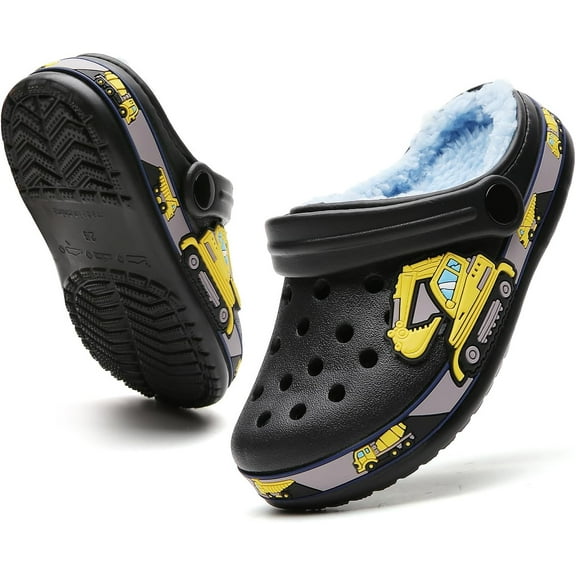 Kids Fur Lined Garden Clogs: Cartoon Sandals - Fleece Winter Warm Home Slippers for Boys Girls Toddler