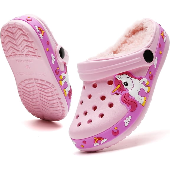 Kids Fur Lined Garden Clogs: Cartoon Sandals - Fleece Winter Warm Home Slippers for Boys Girls Toddler