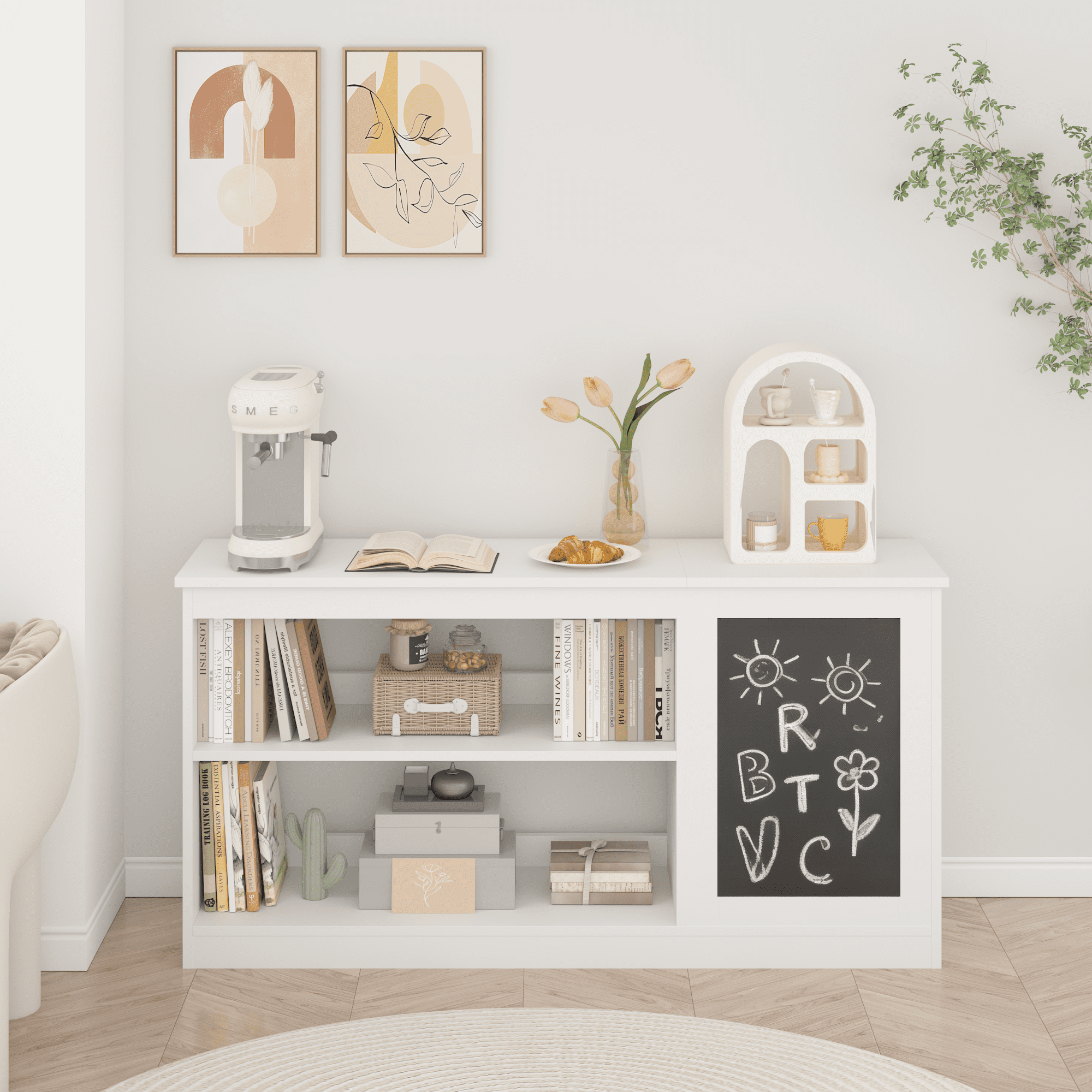Kids Furniture 3-in-1 Kids Bookshelf and Toy Storage Cabinet with Chalkboard – Modern White Organizer for Playroom,Baby Nursery Furniture