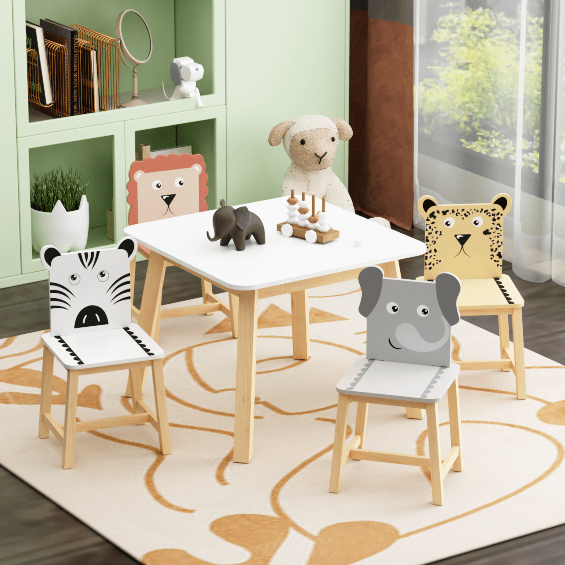 Kids Furniture 5 Piece Kiddy Table and Chair Set , Kids Wood Table with 4 Chairs Set Cartoon Animals (bigger table) (3-8 years old),Baby Furniture