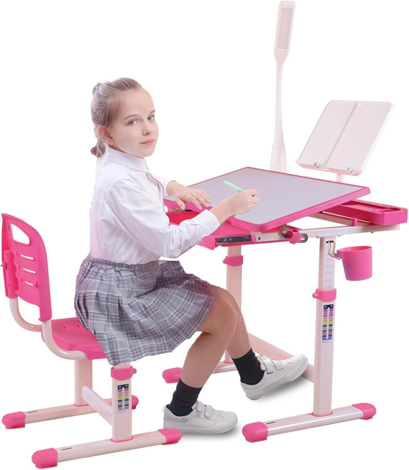 Kids Furniture Desk for Kids Desk and Chair Set Kids Art Desk Drafting Table Desk Set with Adjustable Height, 40-Degree Tiltable Children Desktop, LED Light,Bookstand,Blue,Baby Nursery Furniture