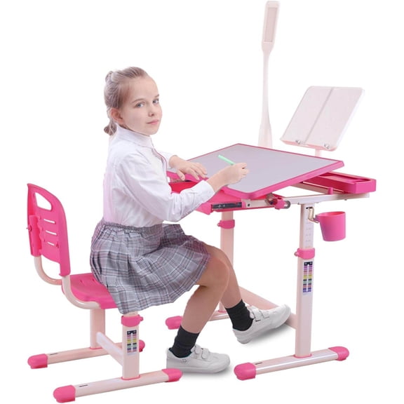 Kids Furniture Desk for Kids Desk and Chair Set Kids Art Desk Drafting Table Desk Set with Adjustable Height, 40-Degree Tiltable Children Desktop, LED Light,Bookstand,Blue,Baby Nursery Furniture