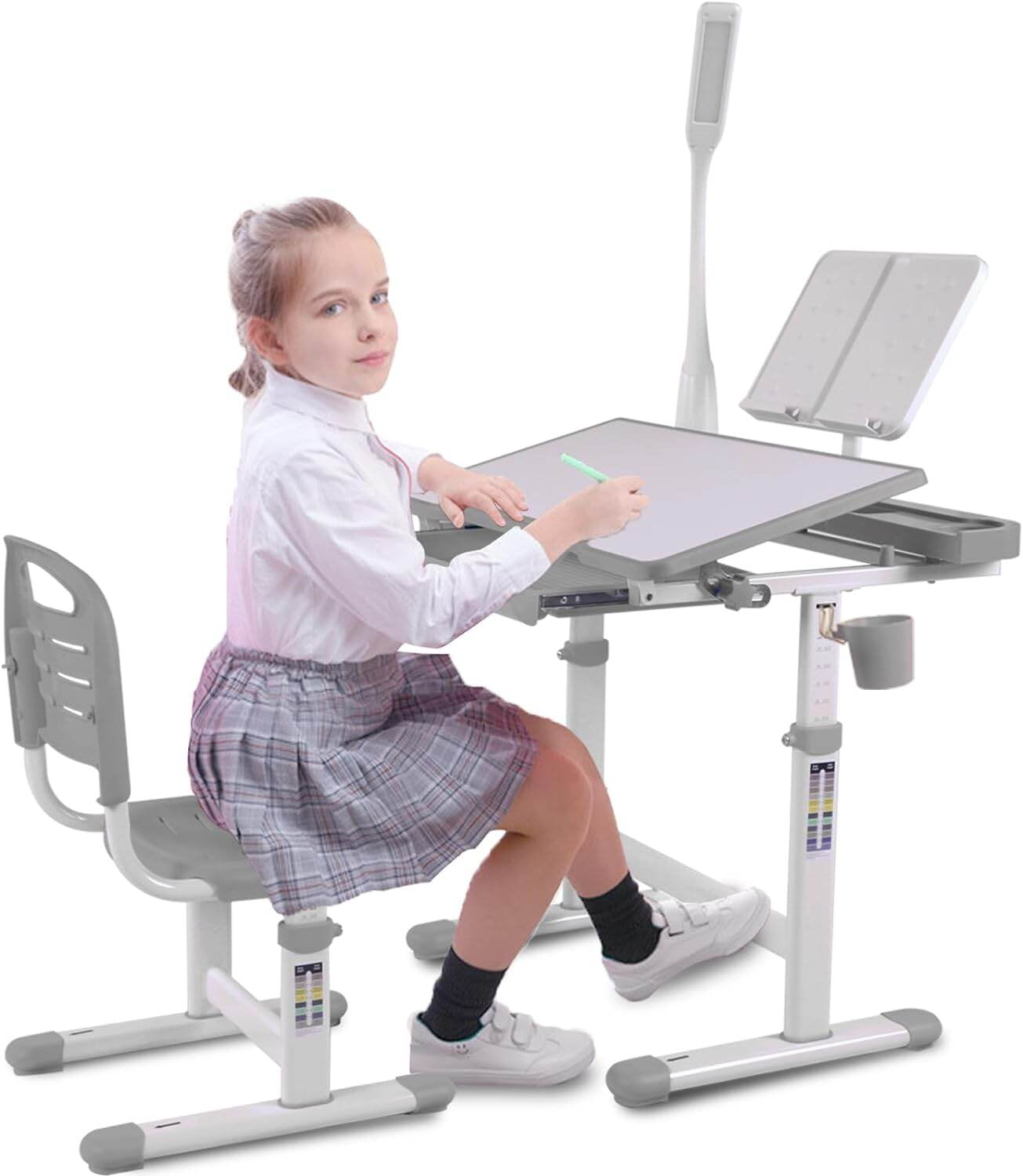 Kids Furniture Desk for Kids Desk and Chair Set Kids Art Desk Drafting Table Desk Set with Adjustable Height, 40-Degree Tiltable Children Desktop, LED Light, Bookstand, Gray,Baby Nursery Furniture