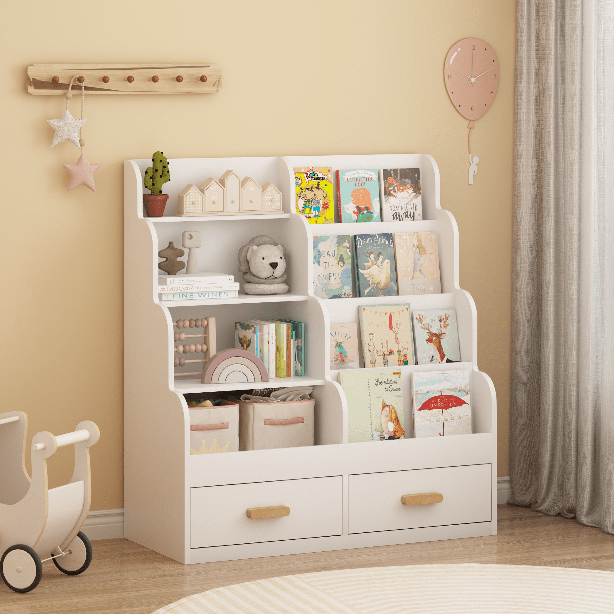 Kids Furniture Kids Bookshelf with 2 Storage Drawers, Front-Facing Children's Bookcase and Toy Organizer, Multi-Tier Reading Shelf for Toddlers, Playroom, Bedroom, or Nursery - White,Baby Nursery Fu
