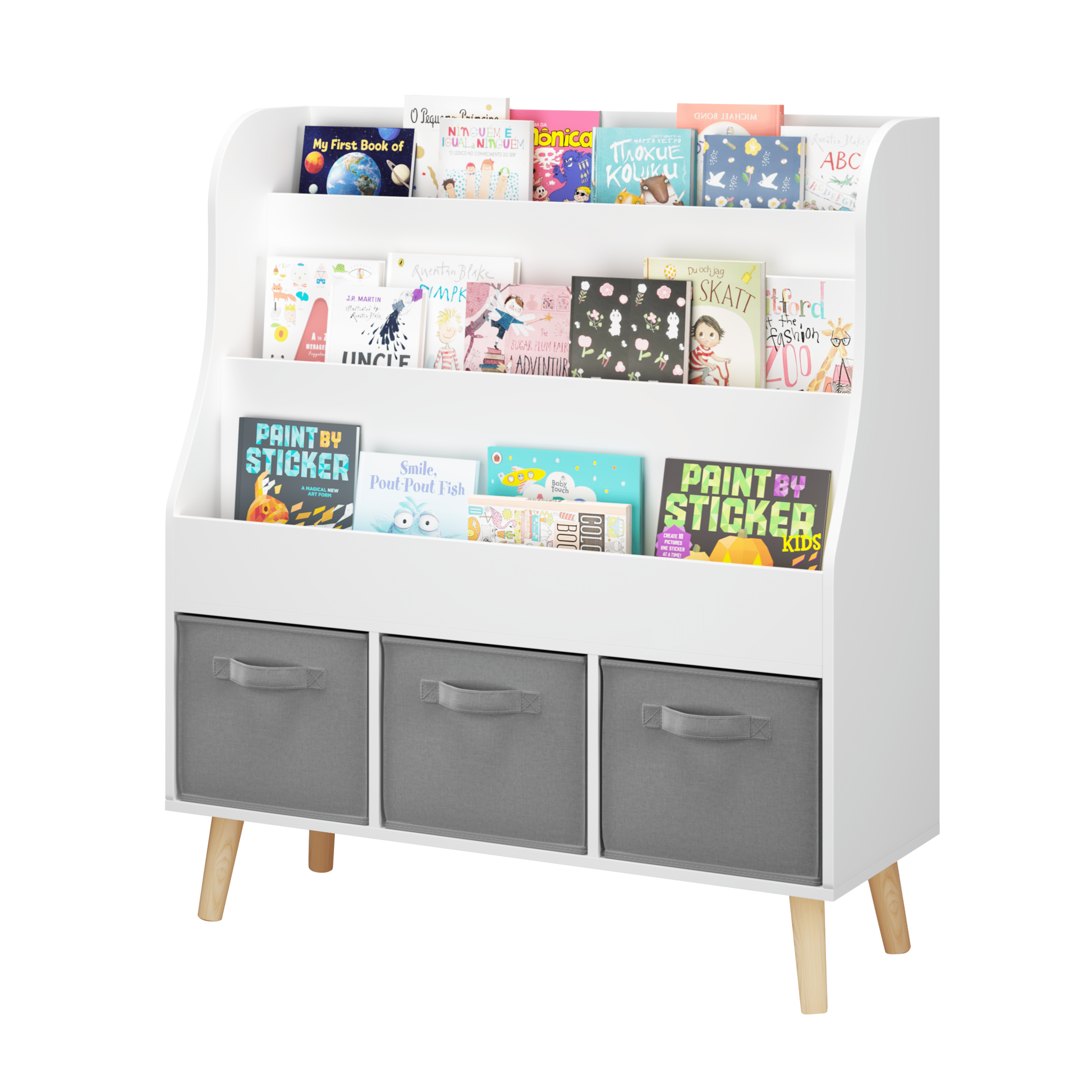 Kids Furniture Kids Bookshelf with 3 Fabric Storage Bins, White Wooden Book Display Organizer for Toddlers and Children, Front-Facing Book Rack with Pine Legs for Playroom, Nursery, or Bedroom,Baby F