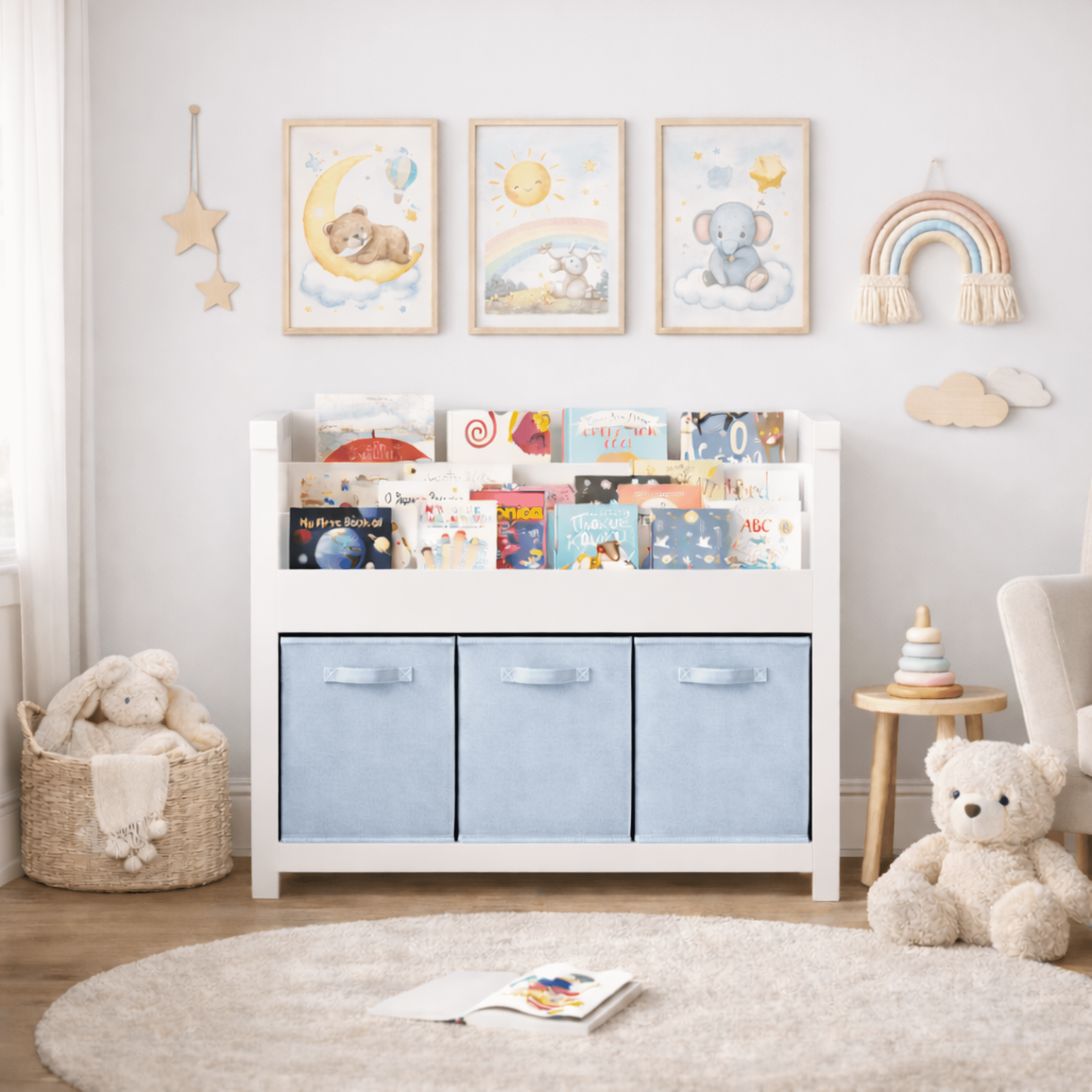 Kids Furniture Kids Bookshelf with 3 Tier Front-Facing Storage and 3 Fabric Bins, Wooden Toddler Bookcase for Playroom, Nursery, Bedroom – Kids Book Organizer Shelf for Toys and Books,Baby Nursery F