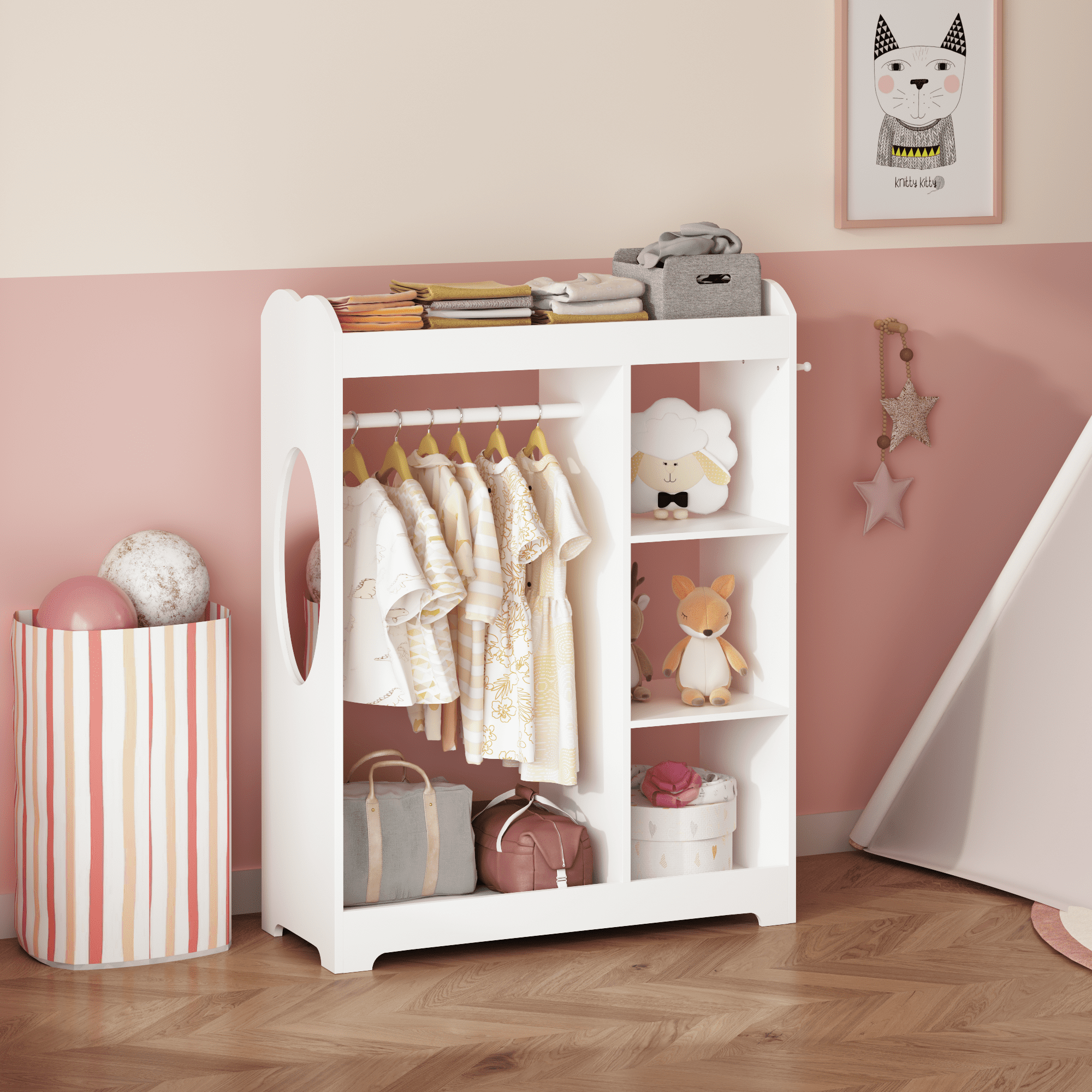 Kids Furniture Kids Dress Up Storage with Mirror and Hooks, Wooden Dress Up Clothes Rack with Hanging Rod, 3 Side Hooks, Storage Shelves and Top Shelf, Toddler Costume Organizer for Playroom Bedroom