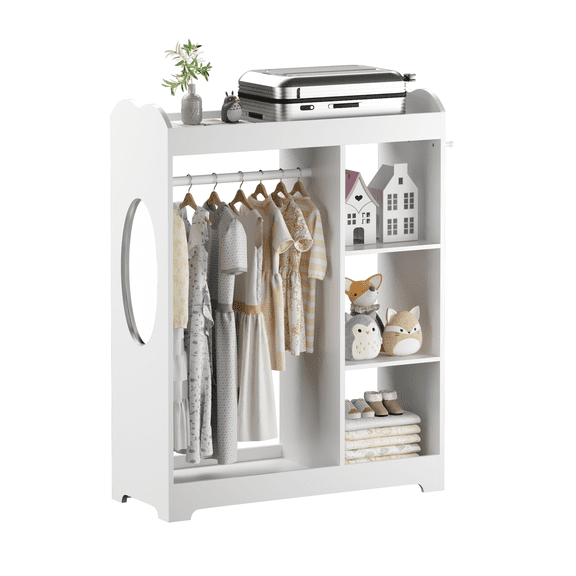 Kids Furniture Kids Dress Up Storage with Mirror and Hooks, Wooden Dress Up Clothes Rack with Hanging Rod, 3 Side Hooks, Storage Shelves and Top Shelf, Toddler Costume Organizer for Playroom Bedroom