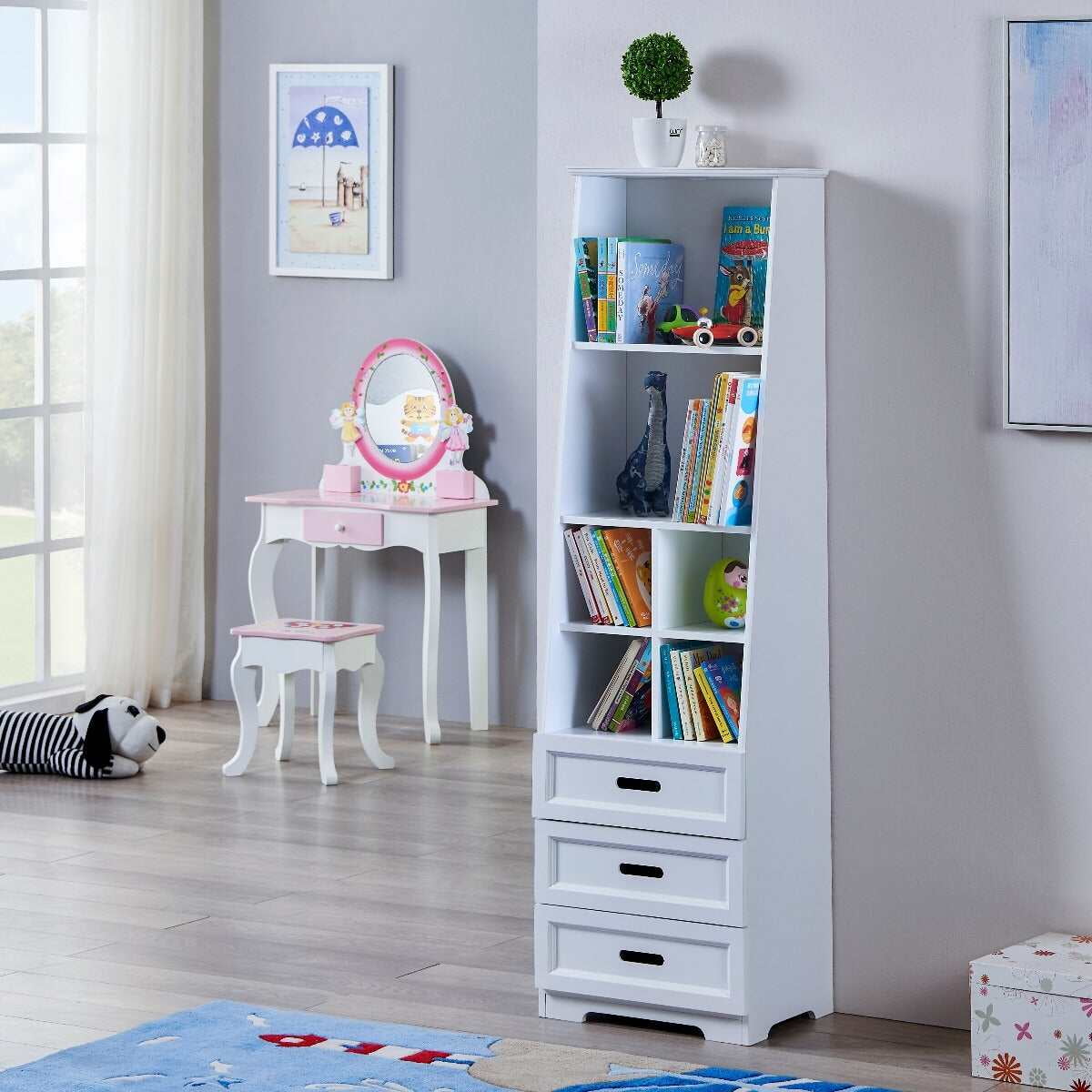 Kids Furniture Kids Funnel White Bookcase Book Shelf Storage Unit with Book Display/Organizer Drawers - Classic White Color,Baby Furniture