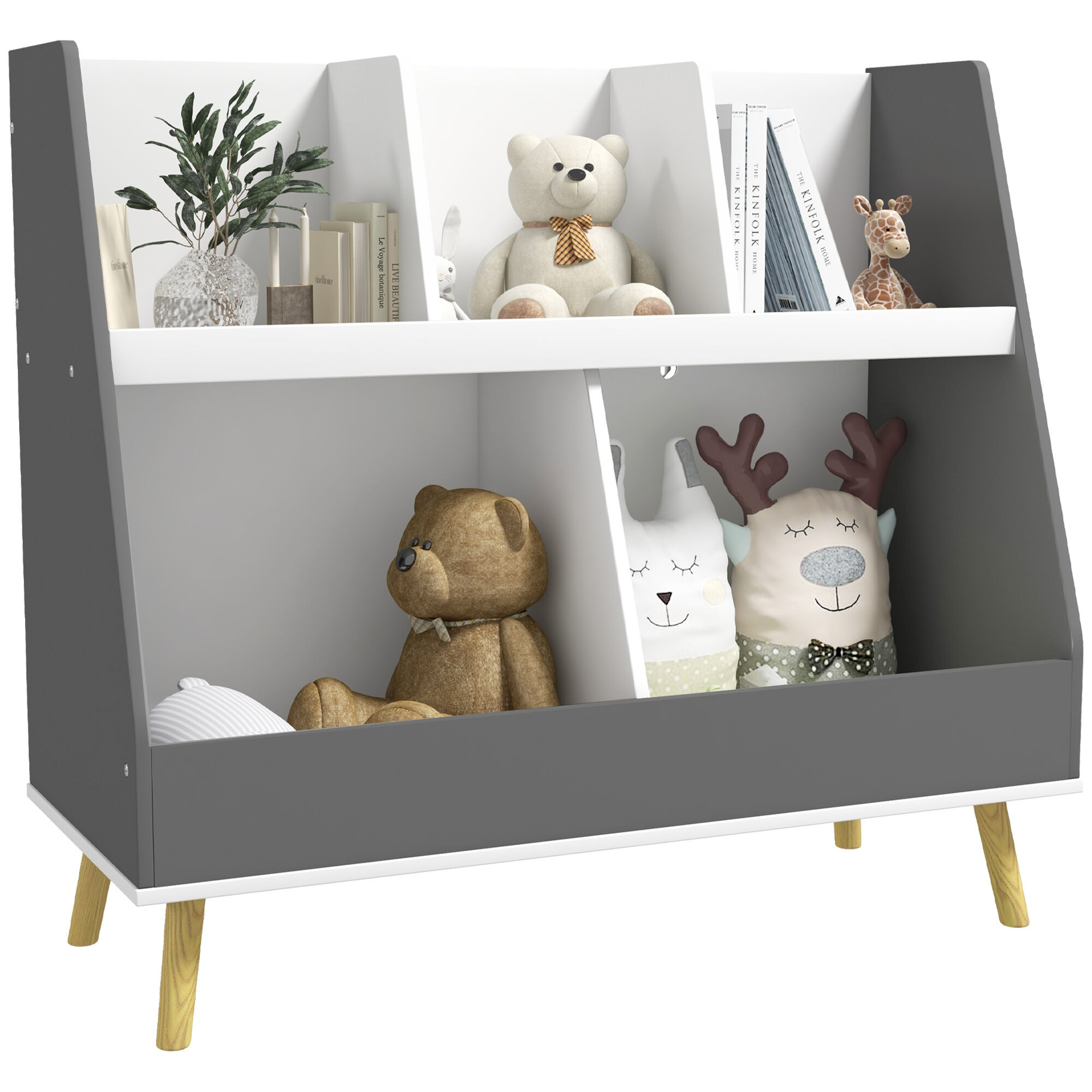 Kids Furniture Qaba Kids Bookcase Toy Shelf, 2 Tier Toddlers Toy Storage Shelf with 5 Compartments, Anti-tip Device, Pine Wood Legs for Nursery, Playroom, Classroom, Gray,Baby Furniture