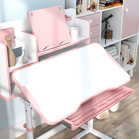 Kids Furniture Qaba Kids Desk and Chair Set, Height Adjustable Kids School Study Desk and Chair Set with Tilt Desktop, Storage Drawer and Reading Rack for Writing, Reading and Drawing, Pink,Baby Nurs
