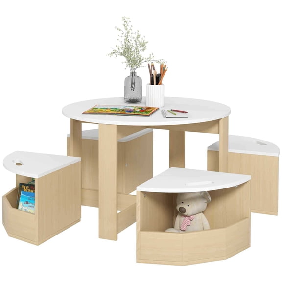 Kids Furniture Qaba Kids Table and Chairs Set, 5 Piece Toddler Table and Chairs Set with Storage for Art, Craft, Drawing, Playroom, Classroom, Nursery, White,Baby Furniture
