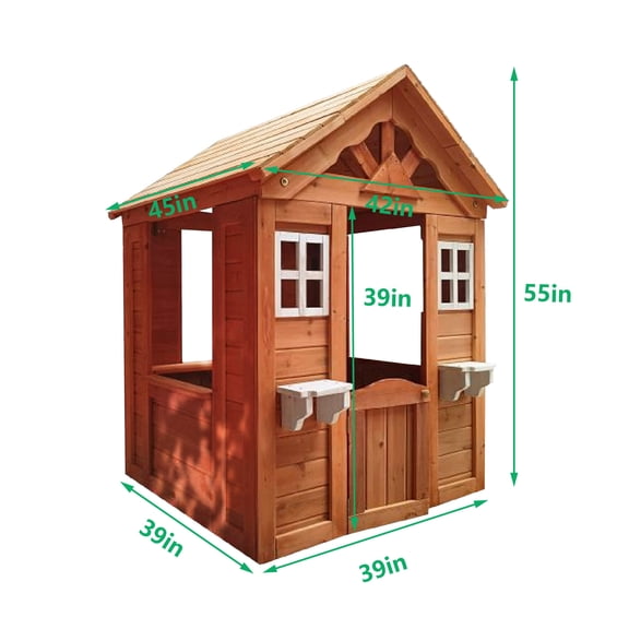 Kids Furniture Wooden Kids Playhouse with 2 windows and flowerpot holder,42"Lx46"Wx55"H,Golden Red,Baby Nursery Furniture
