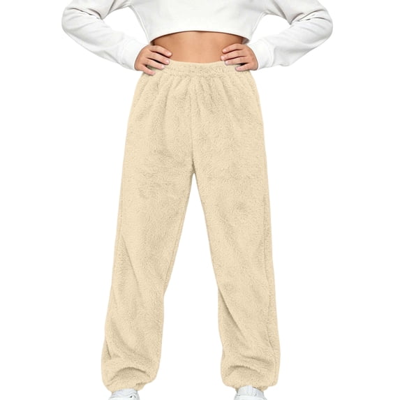 Kids Fuzzy Fleece Lounge Pants Elastic Waist Warm Plush Sweatpants, Wide Leg Soft Cozy Warm Winter Sleep Pajama Bottoms Beige 2-3Years