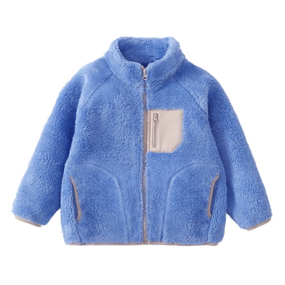 Kids Fuzzy Jackets Stand Collar Front Zip Multi Pockets Fleece Thicken Thermal Casual Sports Coat Fall Winter Wear (3-4Years, Blue)