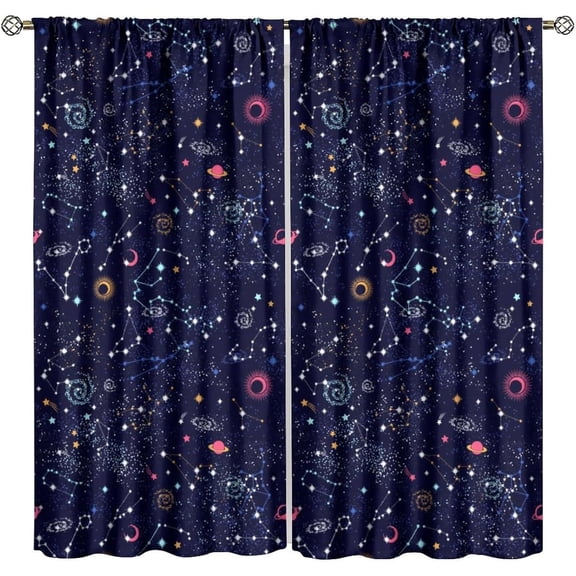 Kids Galaxy Curtains, Fantasy Stars Outer Space Universe Planets Print Window Treatments for Boys Girls Bedroom Nursery Playroom Decor 26"W x 63"L (Pack of 2)