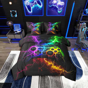 Erosebridal Video Game Boys Bedding Sets Twin Size,Boys Gaming Gamepads Bedding Comforter Set,Gaming Bed In Bags,Abstract Gradient Lightning 7 Pieces Boys Twin Comforter Set