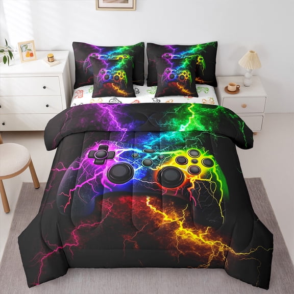 Erosebridal Video Game Boys Bedding Sets Twin Size,Boys Gaming Gamepads Bedding Comforter Set,Gaming Bed In Bags,Abstract Gradient Lightning 7 Pieces Boys Twin Comforter Set