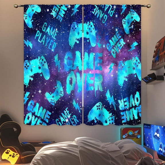 Kids Game Curtains for Boys Bedroom 42Wx63H Inch Rod Pocket Neon Video Game Gaming Cool Gamer Outer Space Galaxy Starry Night Men Teens Modern 2 Panel Window Treatment Set for Living Room Decor
